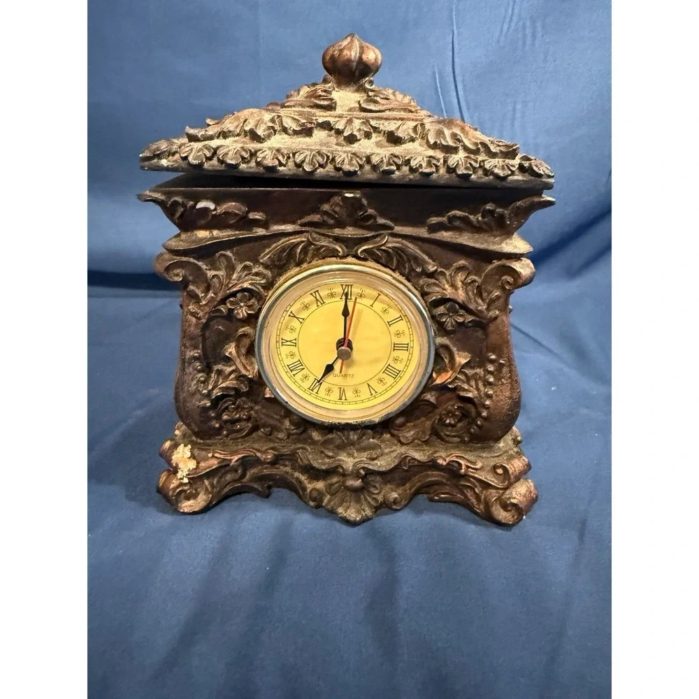 Vintage Ornate Faux Bronze Quartz Clock Trinket Jewelry Box Rococo Style Resin